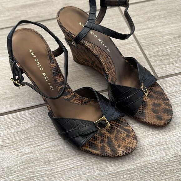 Antonio Melani Leather Wedge Sandals Size‎ 6 Strappy Snake Print - Picture 2 of 12